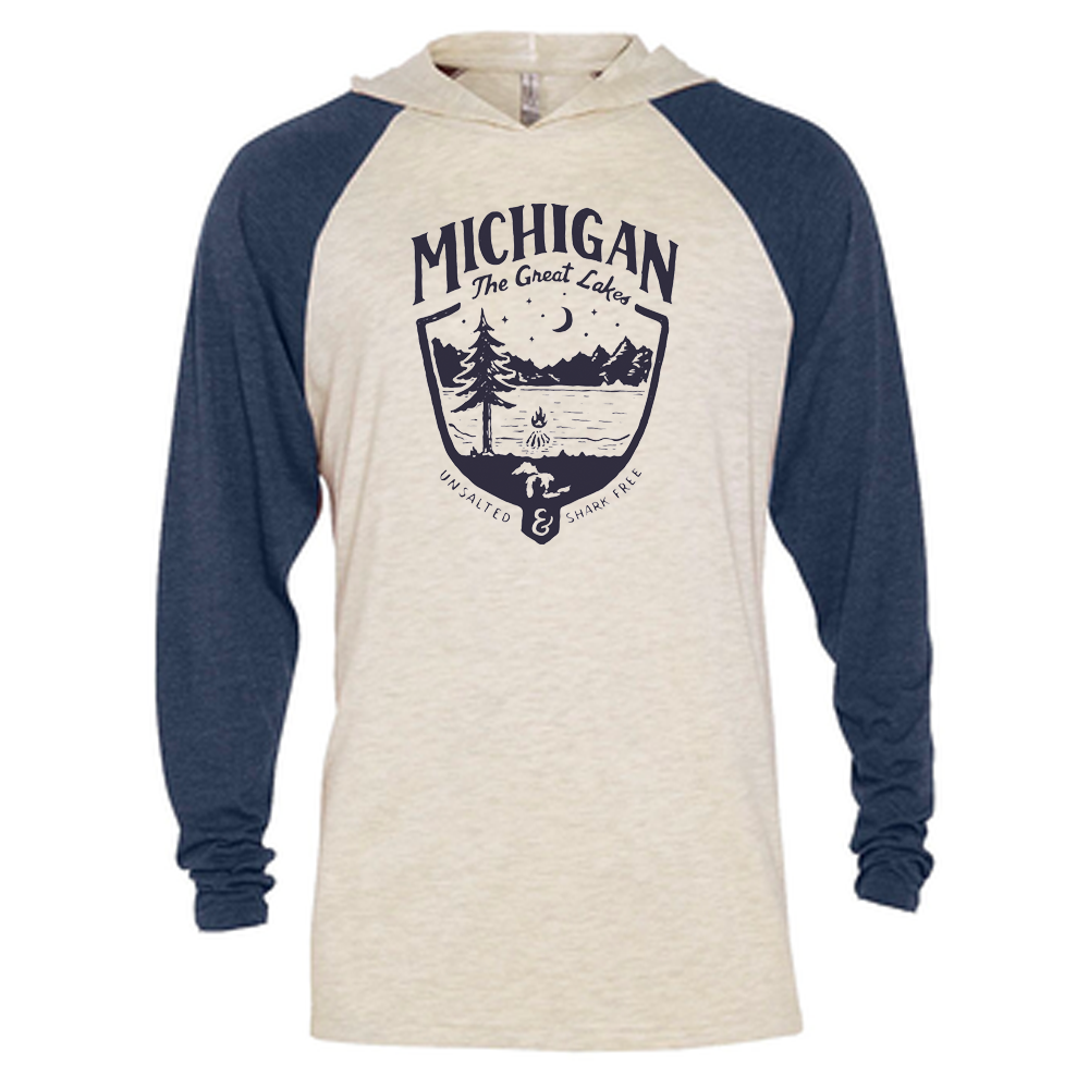 Mens Michigan Shield Long Sleeve Hooded T-Shirt - Navy / Natural