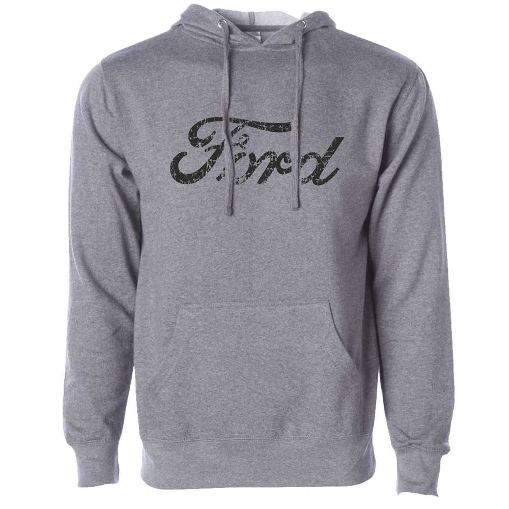 Hoodie - Mens Ford Distressed Text - Heather Grey