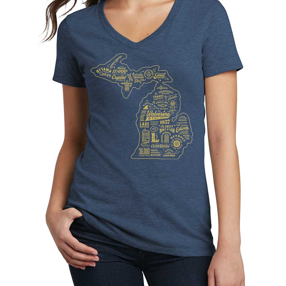 Ladies Relaxed V-neck Michigan Places T-shirt - Deep Navy
