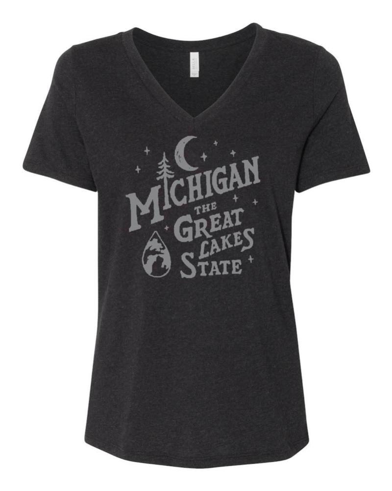 Ladies Relaxed V-neck Michigan Vintage Font T-shirt - Heather Black