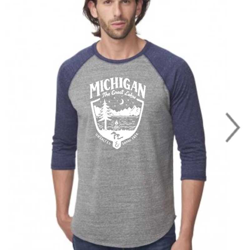 Mens Michigan Shield Triblend 3/4 Sleeve Baseball T-shirt
