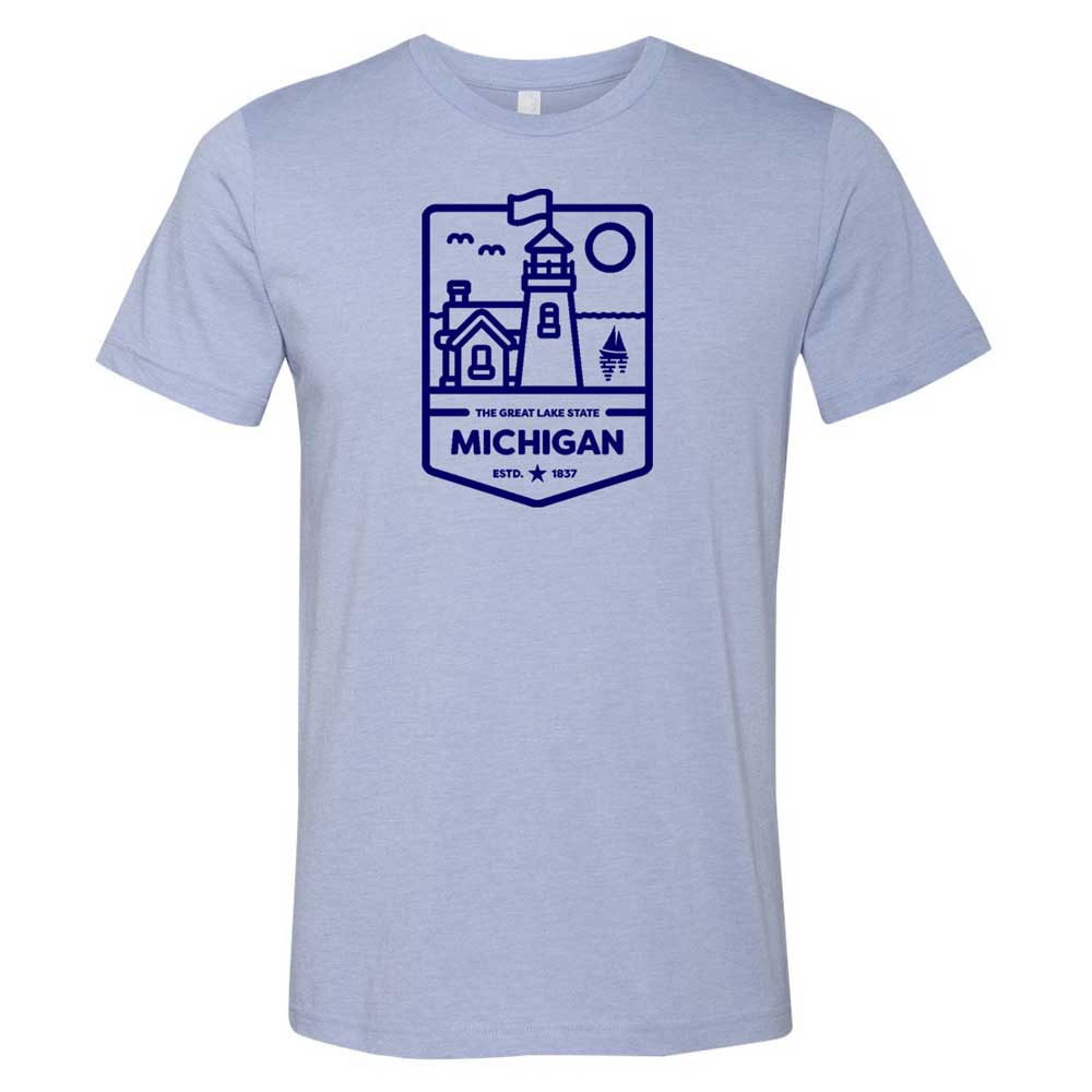 Mens Michigan Lighthouse T-shirt (Heather Lake Blue)