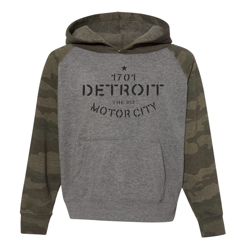 Toddler / Youth Hoodie - Detroit Stencil - Heather Grey / Camo