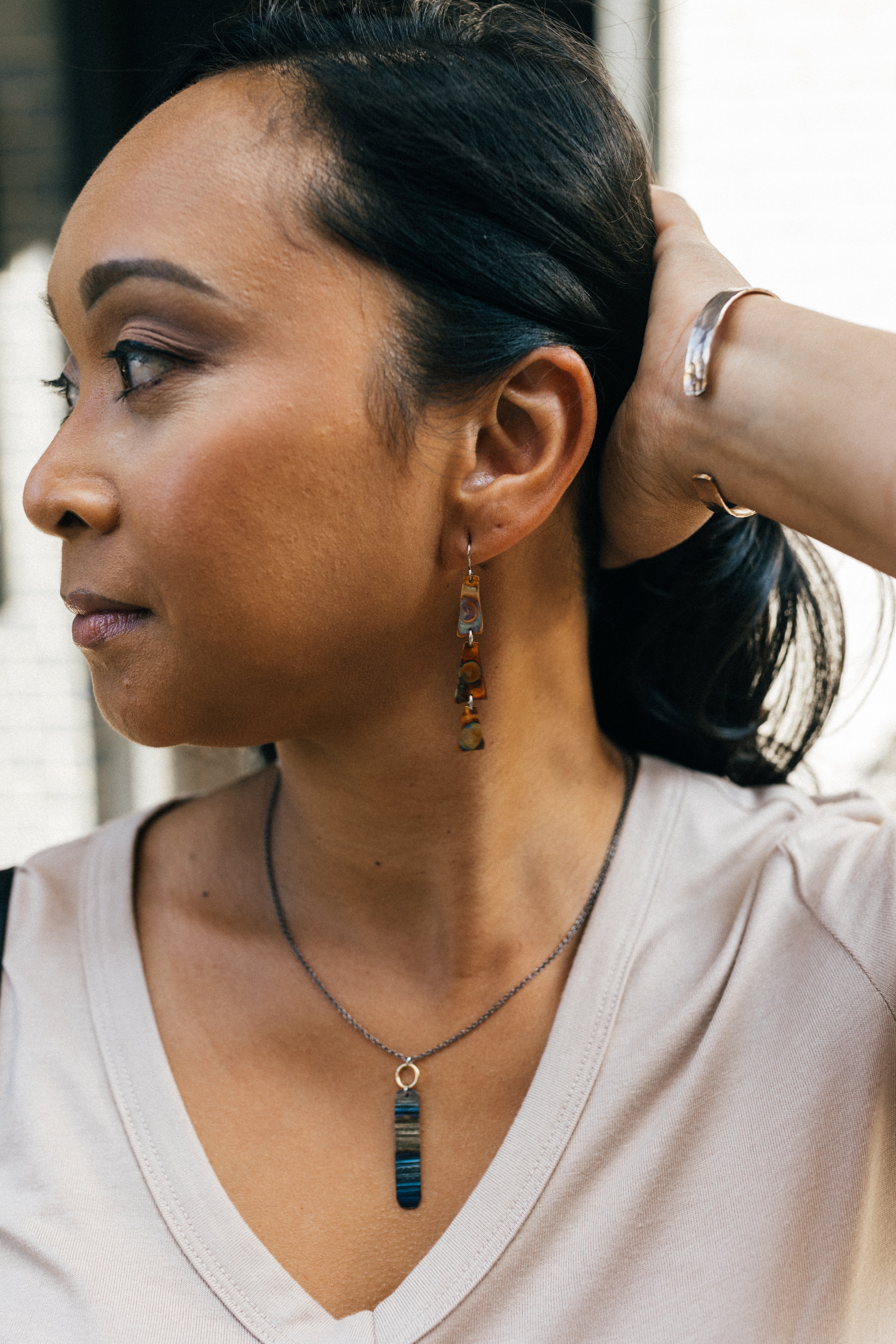Copper Harbor Long Earrings | Repurposed Auto Copper Shims | Fire Patina | Stainless Steel Ear Wire