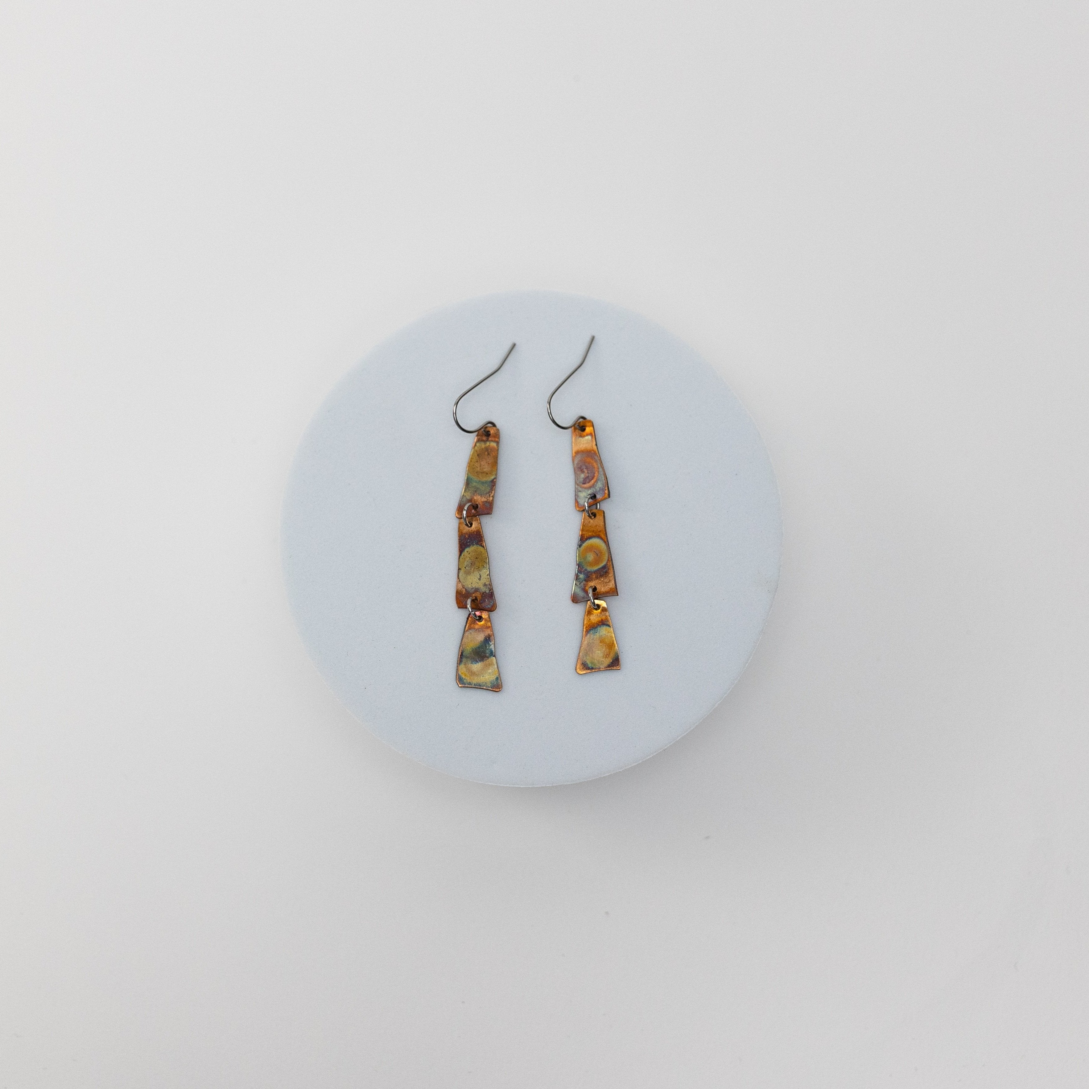 Copper Harbor Long Earrings | Repurposed Auto Copper Shims | Fire Patina | Stainless Steel Ear Wire
