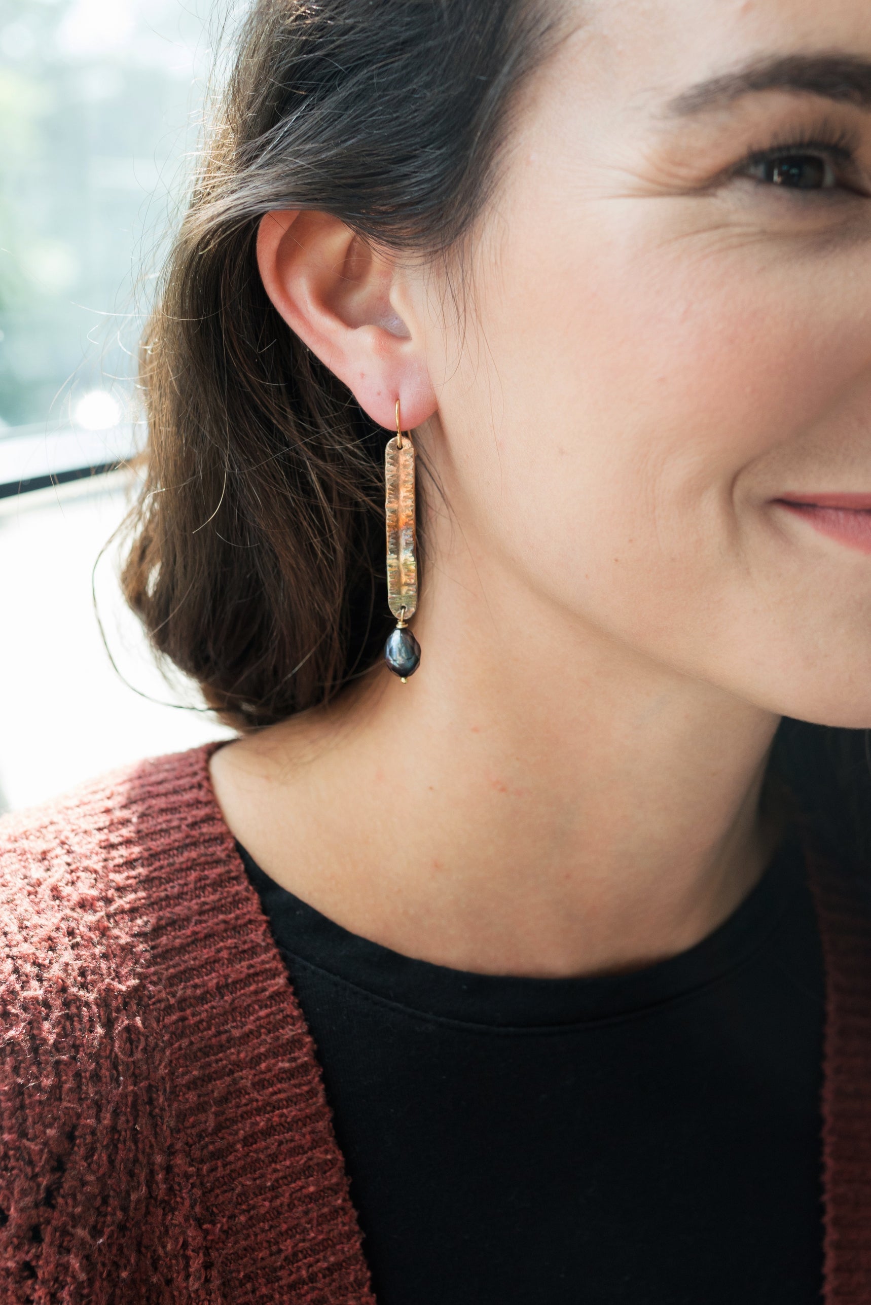 Refined Through Fire Earrings | FW Pearl & Repurposed Auto Copper Brake Line | Gold Plated Ear Wire