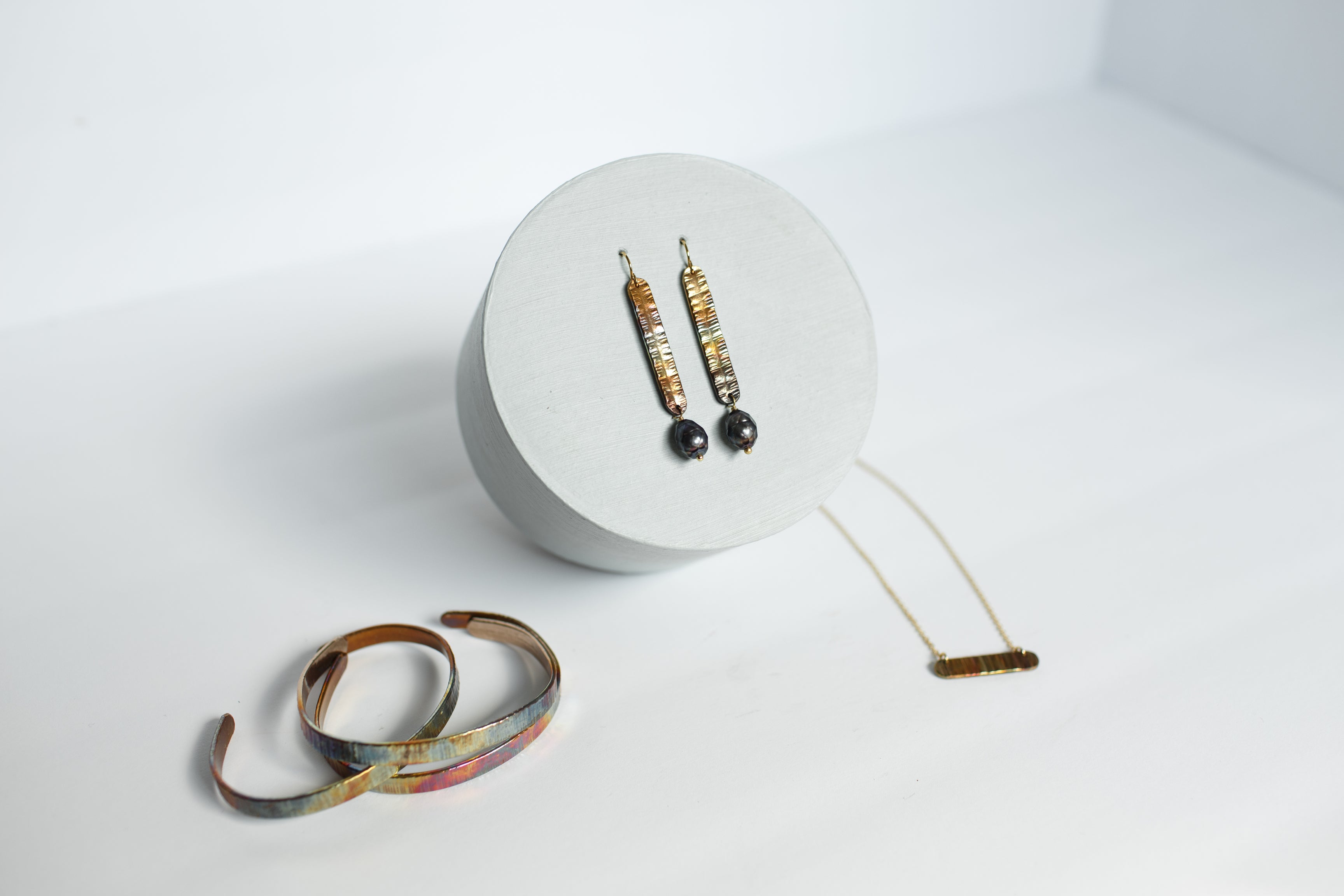 Refined Through Fire Earrings | FW Pearl & Repurposed Auto Copper Brake Line | Gold Plated Ear Wire