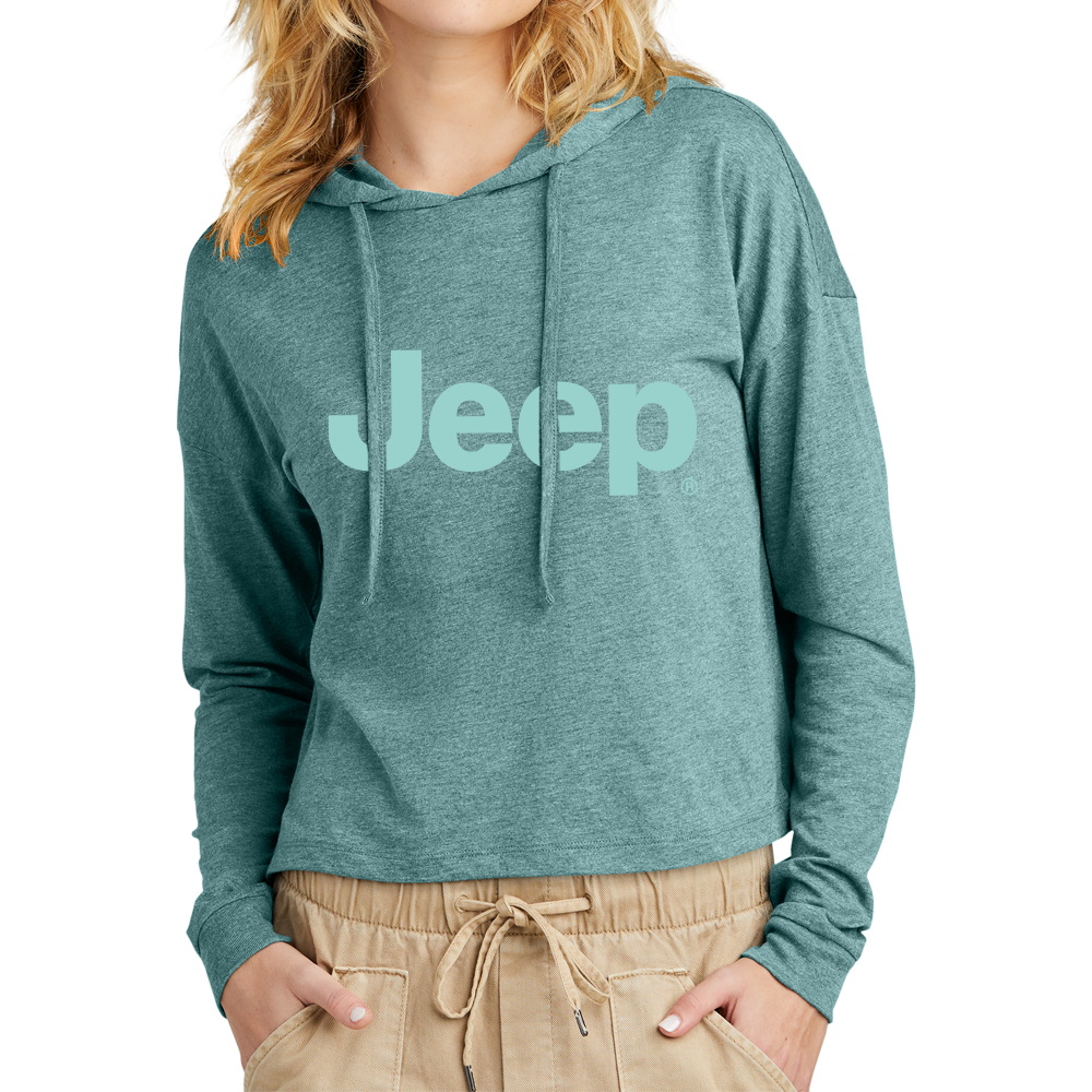 Ladies Jeep® Text Triblend Midi Long Sleeve Hoodie- Heathered Eucalyptus Blue
