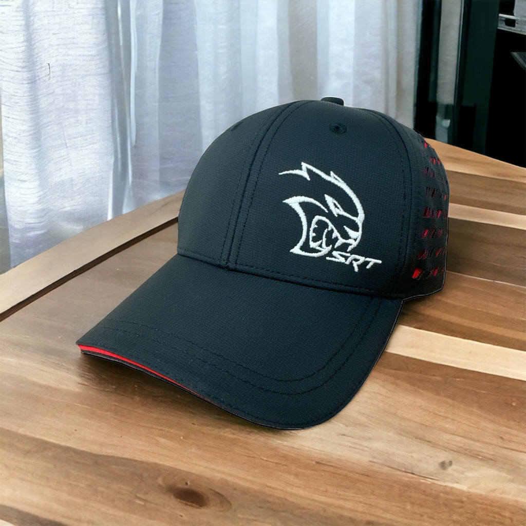 Dodge SRT Hellcat Embroidered Logo Performance Style Hat Mid Profile Laser-Cut Rhombus Six Panel Structured Cap Rhombus Logo Drop Tag And Hook And Loop Closure - Black/Red, Black/Red, One Size