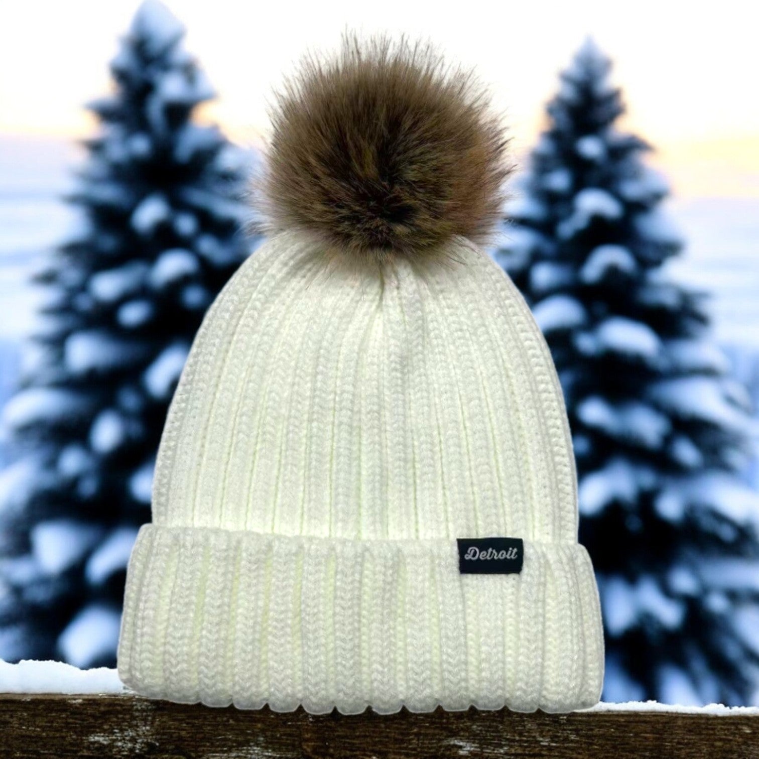 Hat - Detroit Thirsty Script Ribbed Pom Flip Knit - White