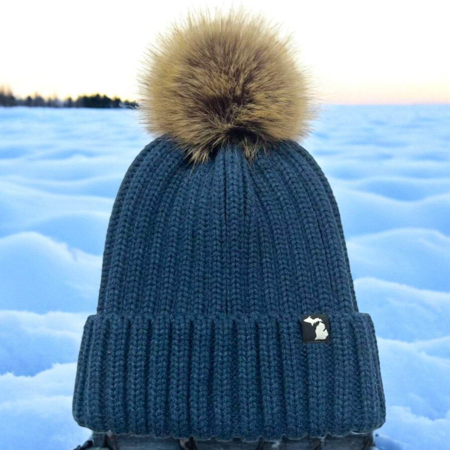 Hat - Michigan Shape Ribbed Pom Flip Knit