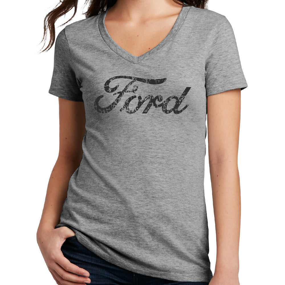 Ladies Ford Text Distressed V-Neck - Heather Grey