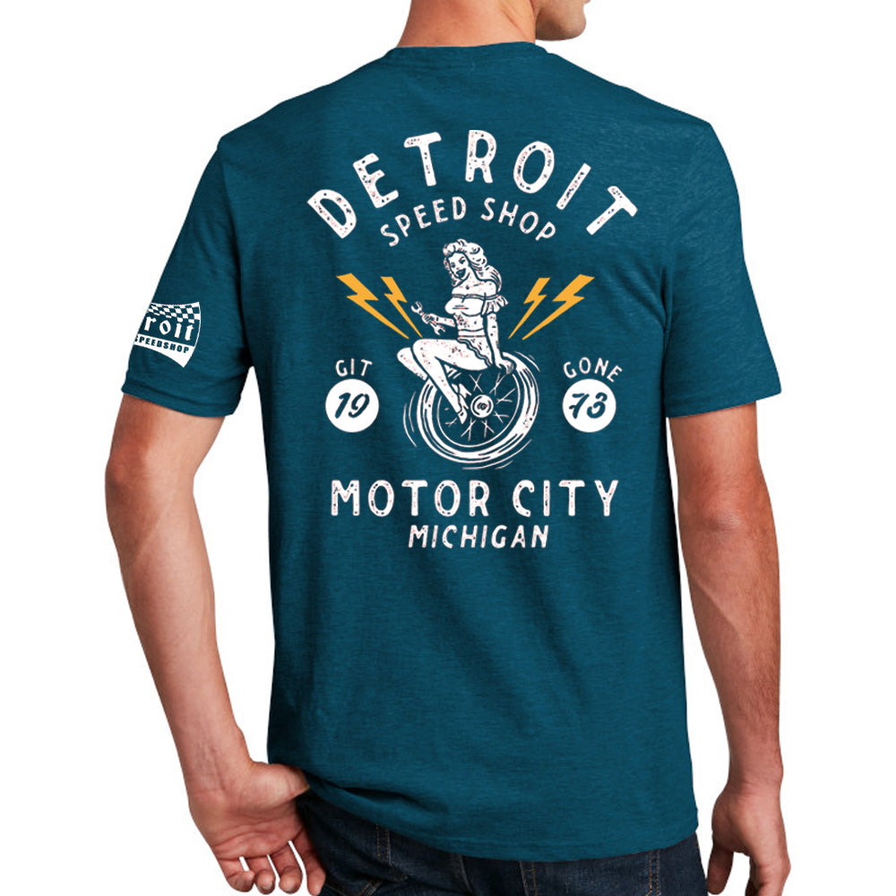 Mens Detroit Speed Shop Pin-up T-shirt - Heather Dark Ocean Blue