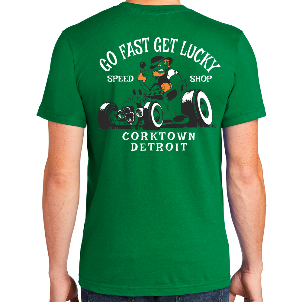 Mens Detroit Go Fast Get Lucky Speed Shop T-shirt (Kelly Green)