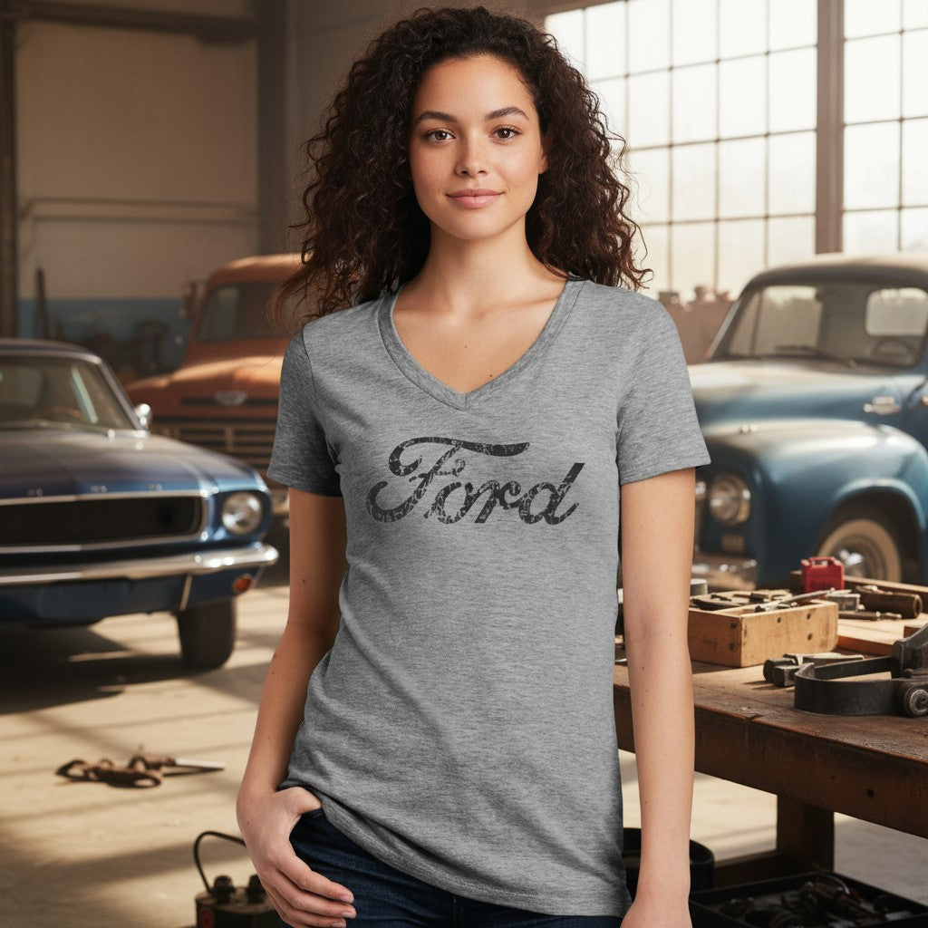 Ladies Ford Text Distressed V-Neck - Heather Grey