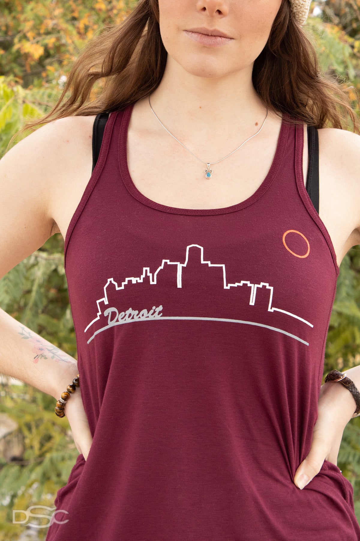 Ladies Relaxed Racerback Tank Top - Detroit Skyline Cranberry