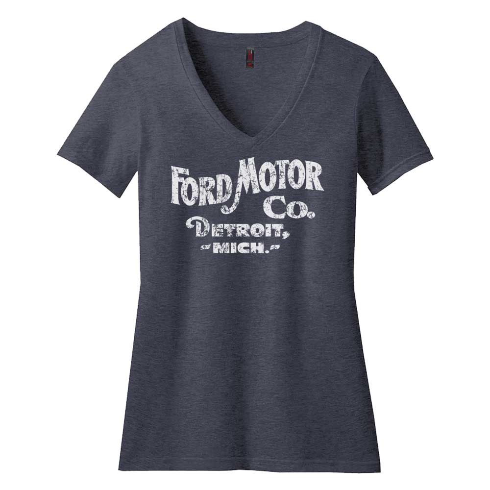 Ladies Ford Distressed 1903 Text V-Neck - Triblend Heather Navy