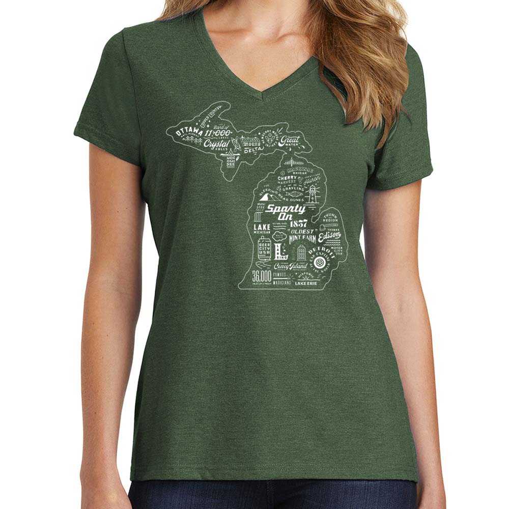 Ladies Relaxed V-neck Michigan Places T-shirt - Deep Green