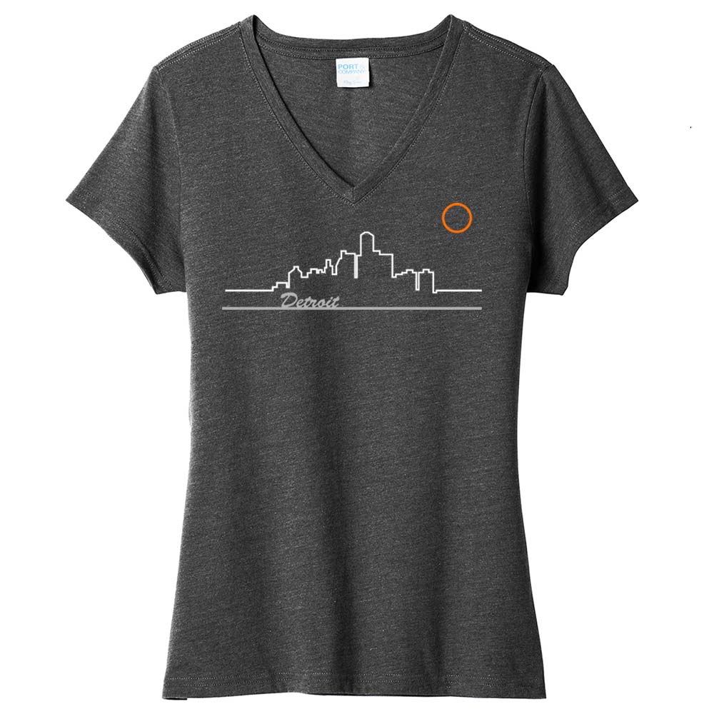 Ladies Relaxed V-neck Detroit Skyline T-shirt - Triblend Black
