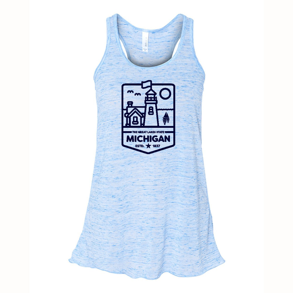 Ladies Relaxed Racerback Tank Top - Michigan Lighthouse Blue Marble