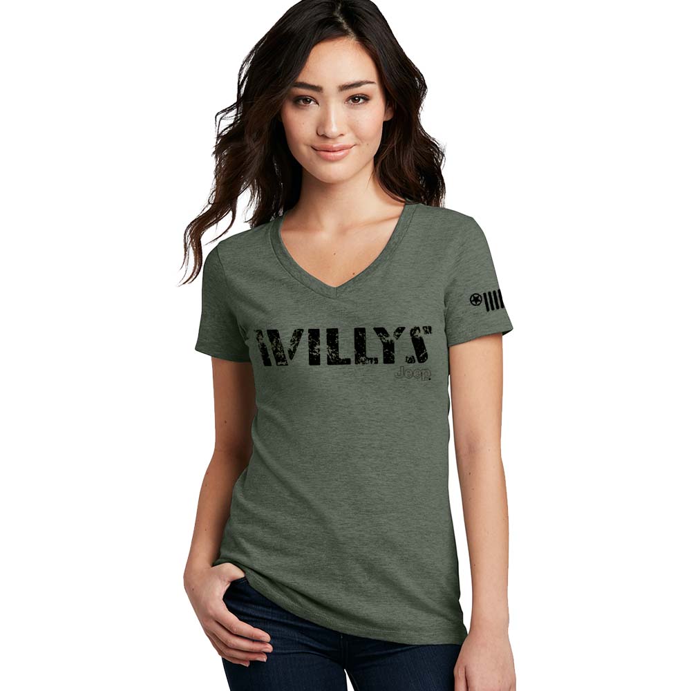 Ladies Jeep® Willys Text V-neck - Heather Military Green
