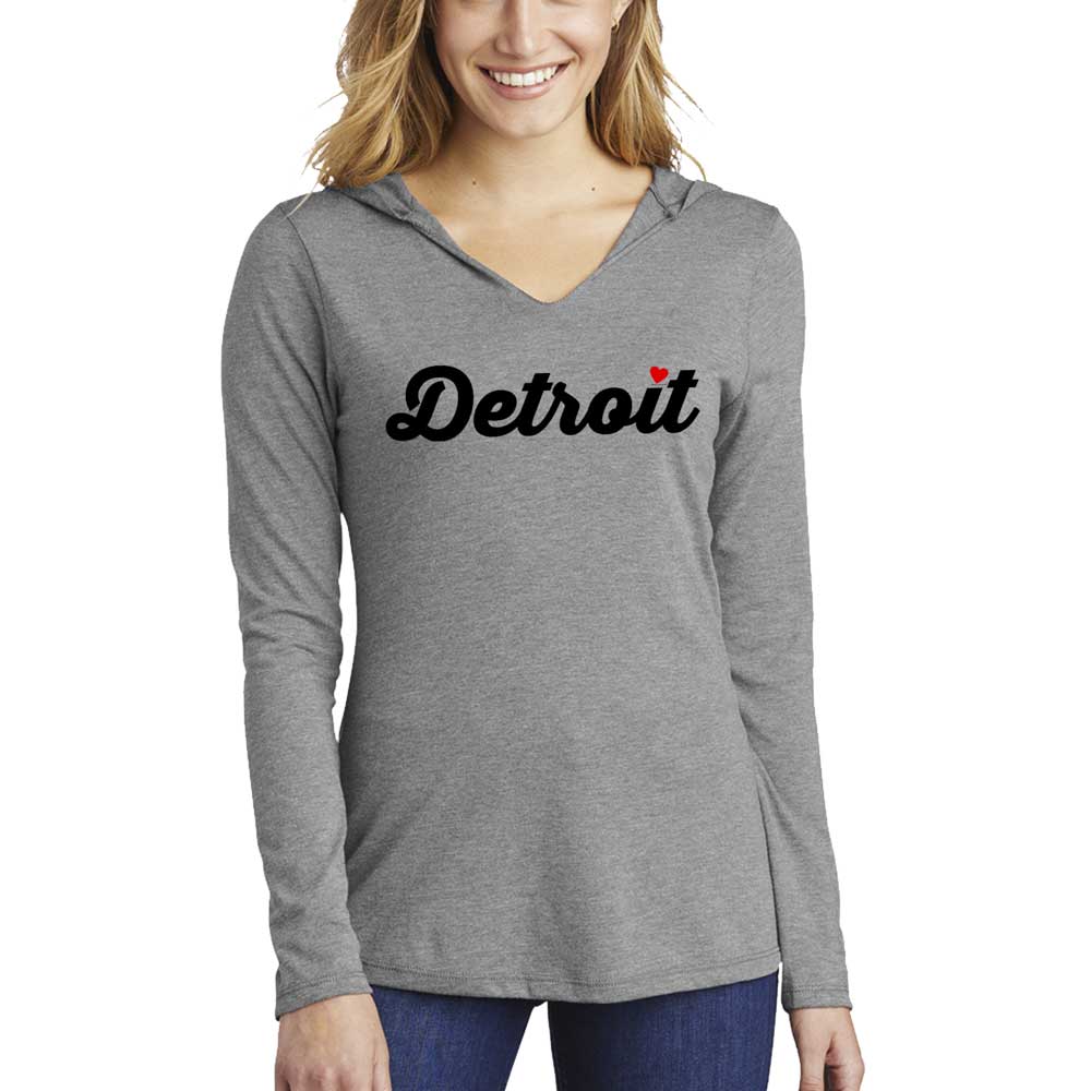 Ladies Detroit Heart Long Sleeve Hooded T-shirt - Heather Grey