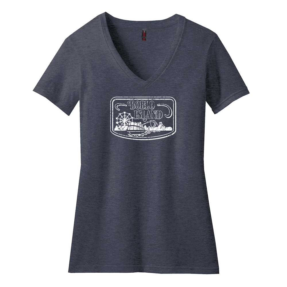Ladies Relaxed V-neck Detroit Boblo Island T-shirt - Heather Navy