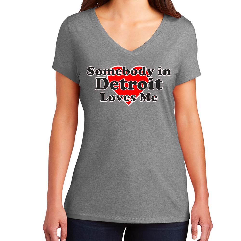 Ladies Relaxed V-neck Somebody in Detroit Loves Me T-shirt - Triblend Grey