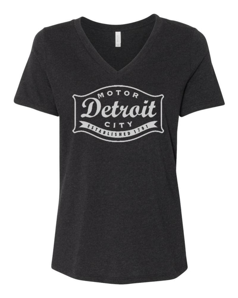 Ladies Relaxed V-neck Detroit Buckle T-shirt - Heather Black