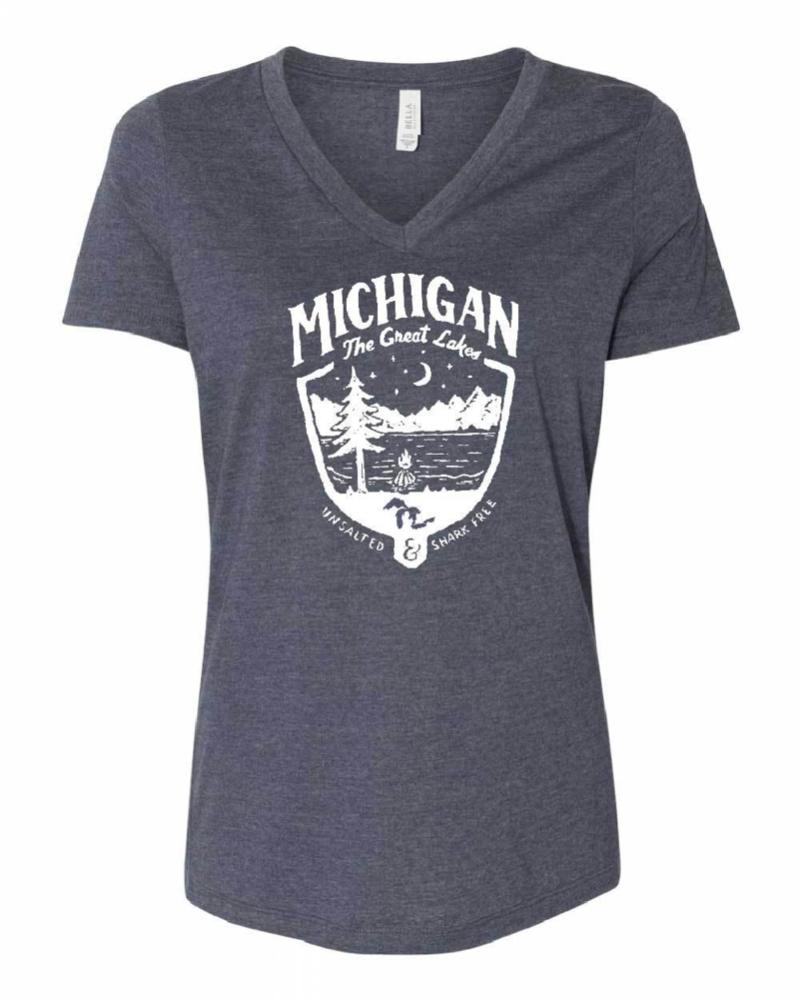 Ladies Relaxed V-neck Michigan Shield T-shirt - Heather Navy