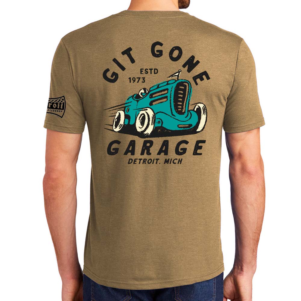 Mens Detroit Speed Shop Git Gone Garage T-shirt - Coyote Brown Triblend
