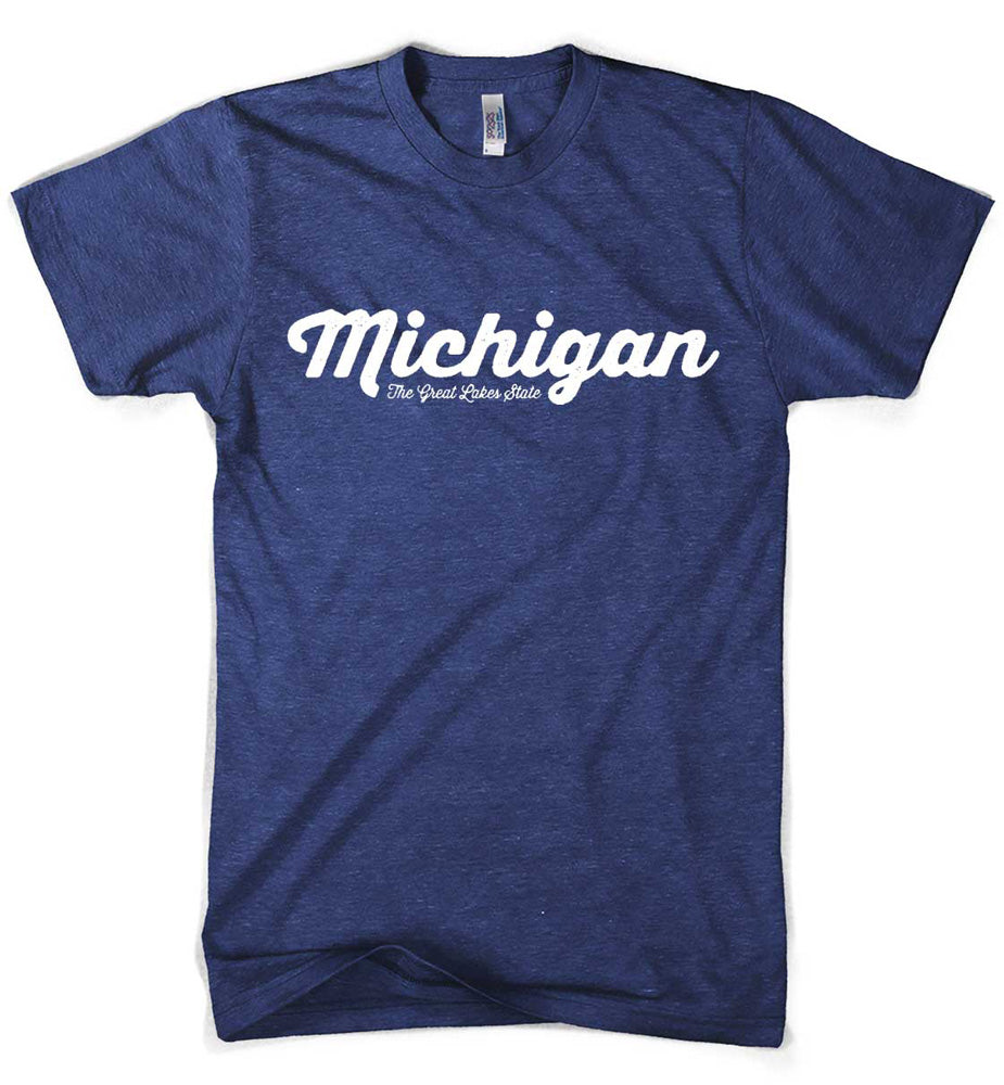 Mens Triblend Michigan Script T-shirt (Indigo)