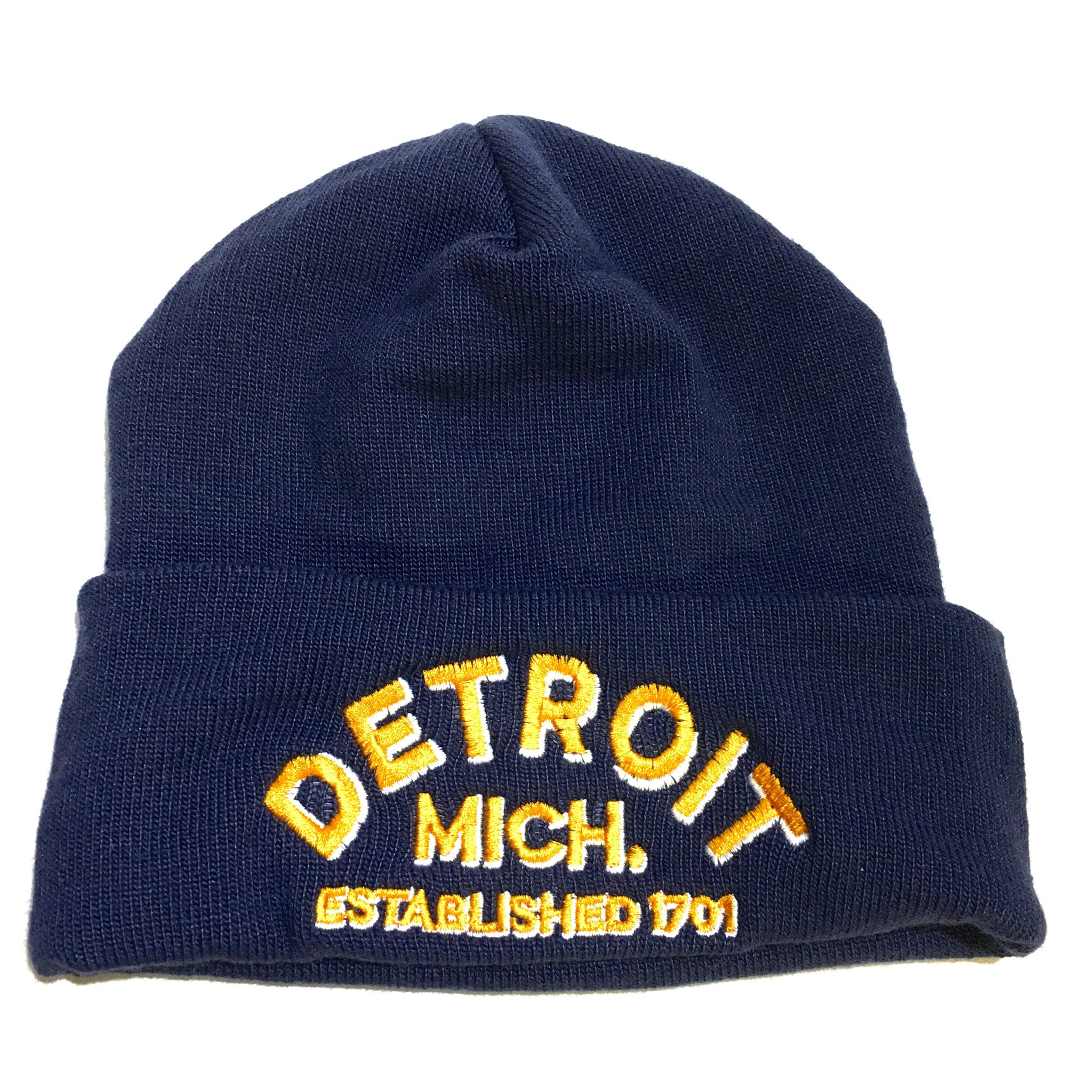 Beanie Hat MAde in USA Detroit Arch Flip Knit Navy Hats Detroit Shirt tshirt t-shirt and accessories Company